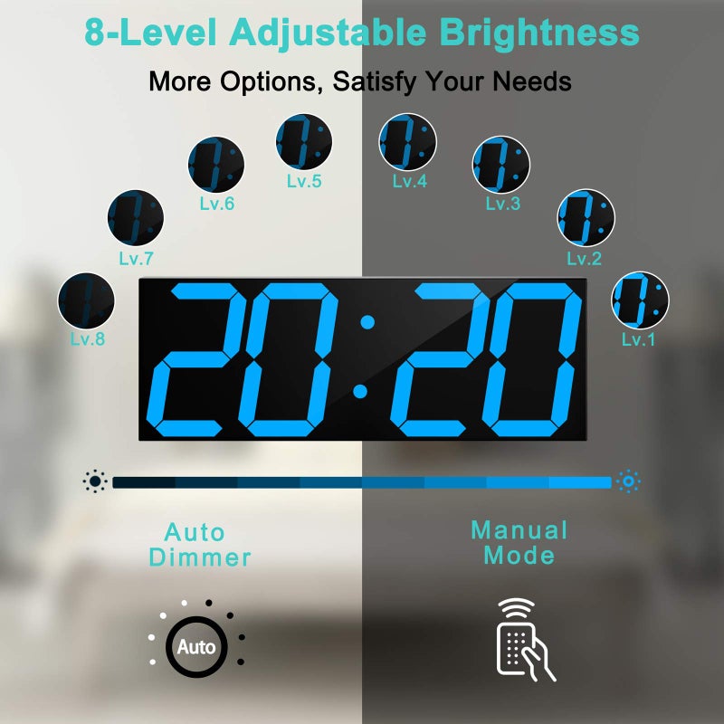 CHKOSDA LED Large Digital Wall Clock, Oversize Wall Clock with 6â€ Numbers, Remote Control Count up/Countdown Timer Clock, Auto Dimmer, Big Calendar and Thermometer(Ice Blue) - Image 3
